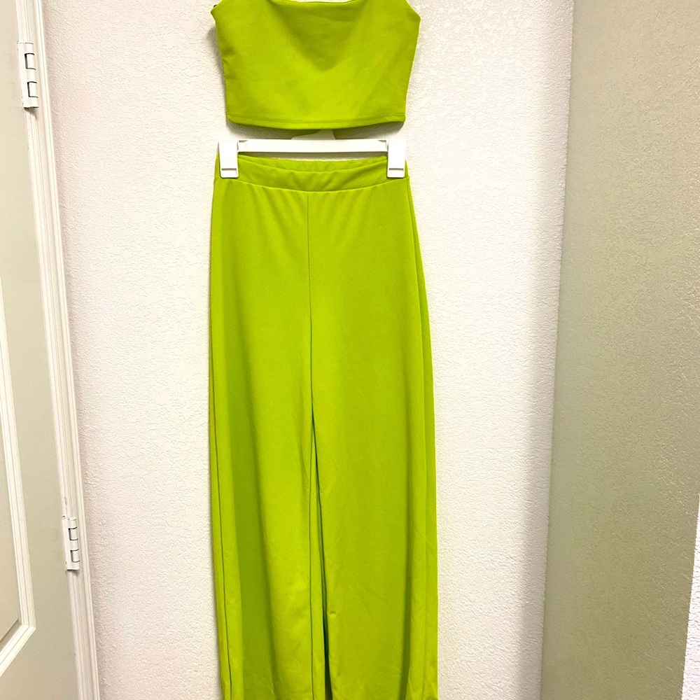 Lime green two piece high waisted flare pants